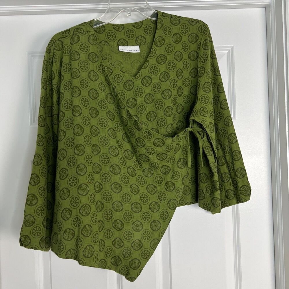Bryn Walker Wrap Top Sz M Green Linen  3/4 Sleeve V-Neck Asymmetrical Lagenlook